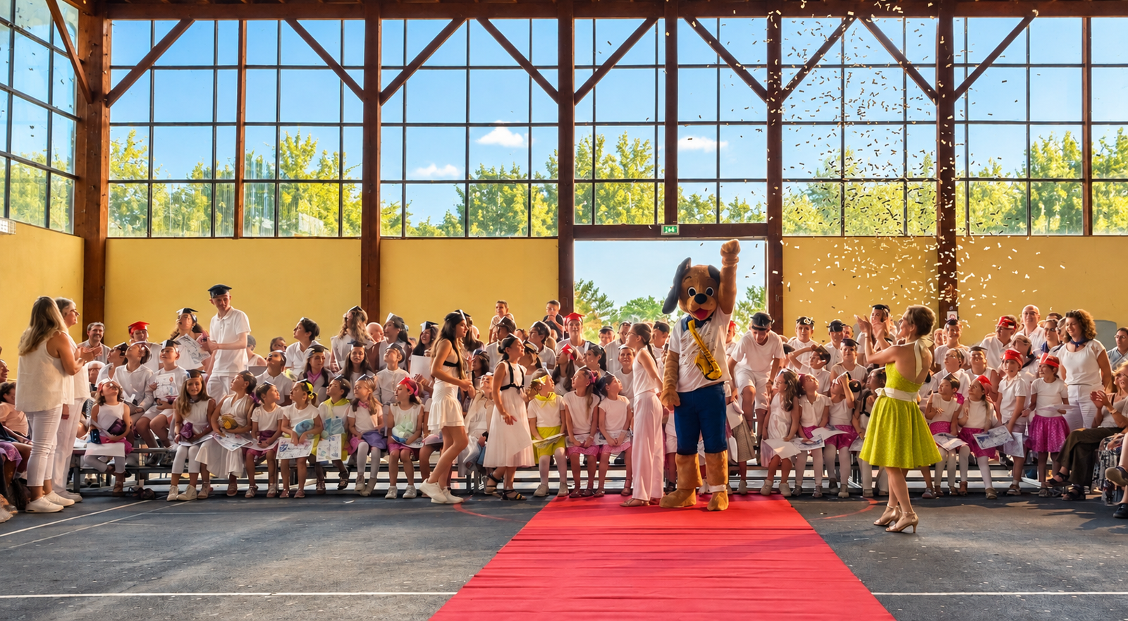 Fête de fin d'année des Muses, enfants réunis et mascotte sur tapis rouge