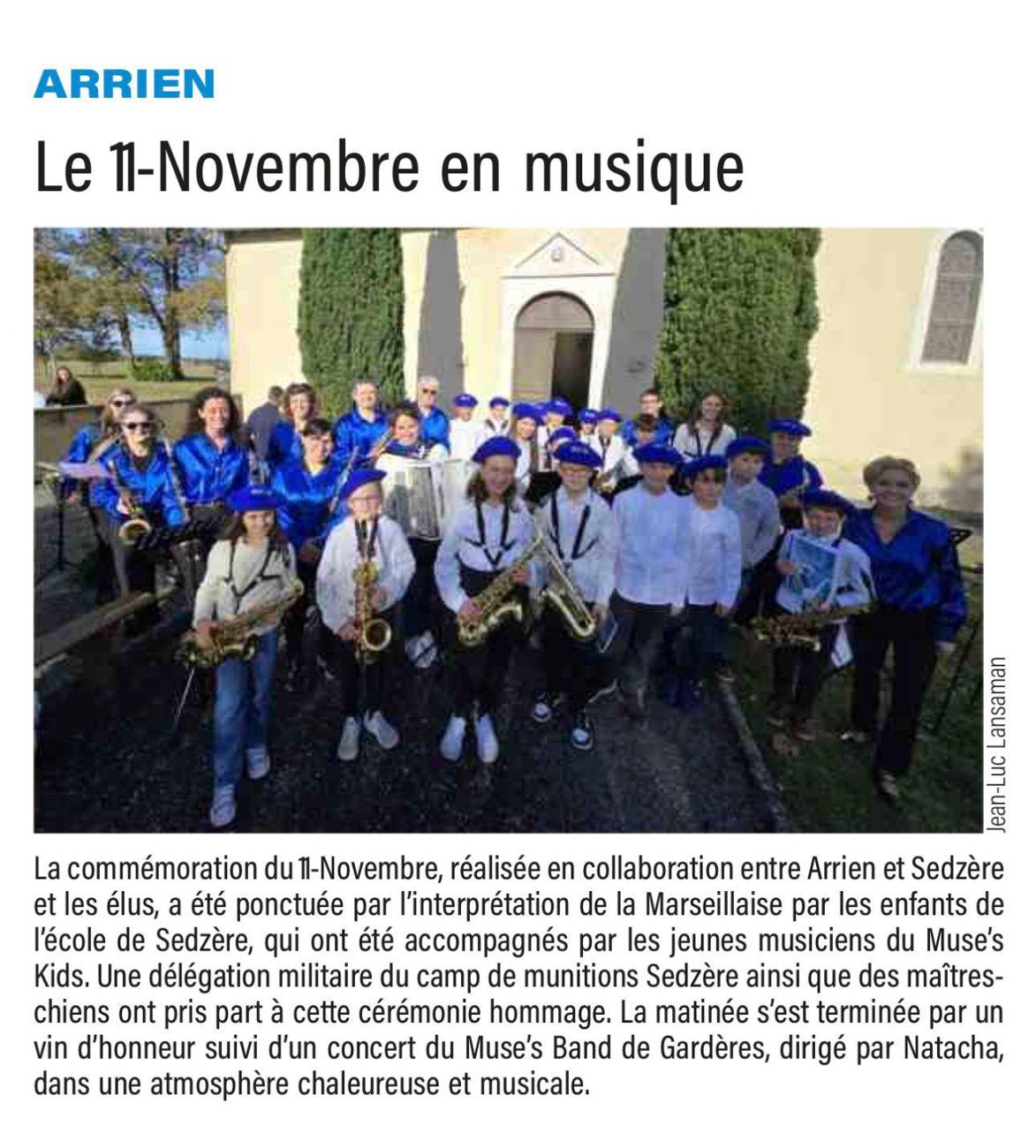 Article de presse : Le 11-Novembre en musique, cérémonie à Arrien avec le Muse's Band 65 et les Muse's Kids