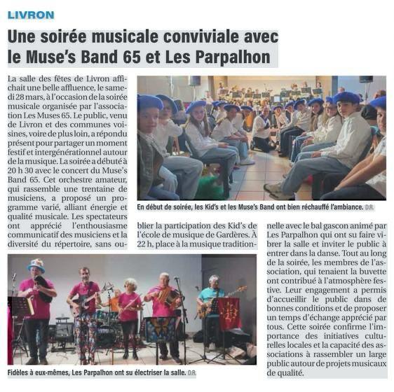 Article de presse : soirée musicale avec le Muse's Band 65 et Les Parpalhon à Livron